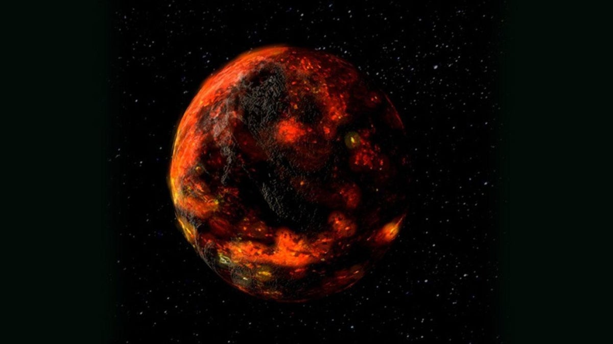 An artist’s illustration of what the partly molten moon might have looked like, depicting a charred and blackened moon with several bright red spots.