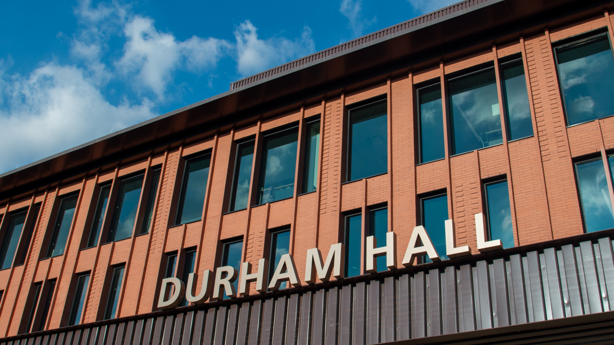 Shot of Durham Hall building and sign.