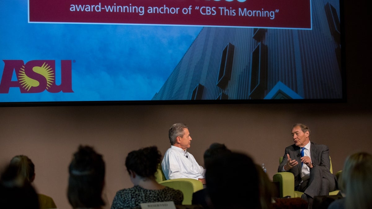 Charlie Rose and Ted Simons giving Q&A to journalism students