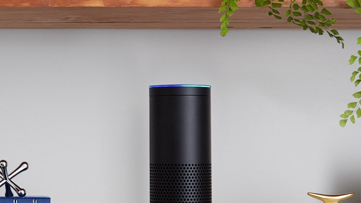 Amazon Echo device on bookshelf