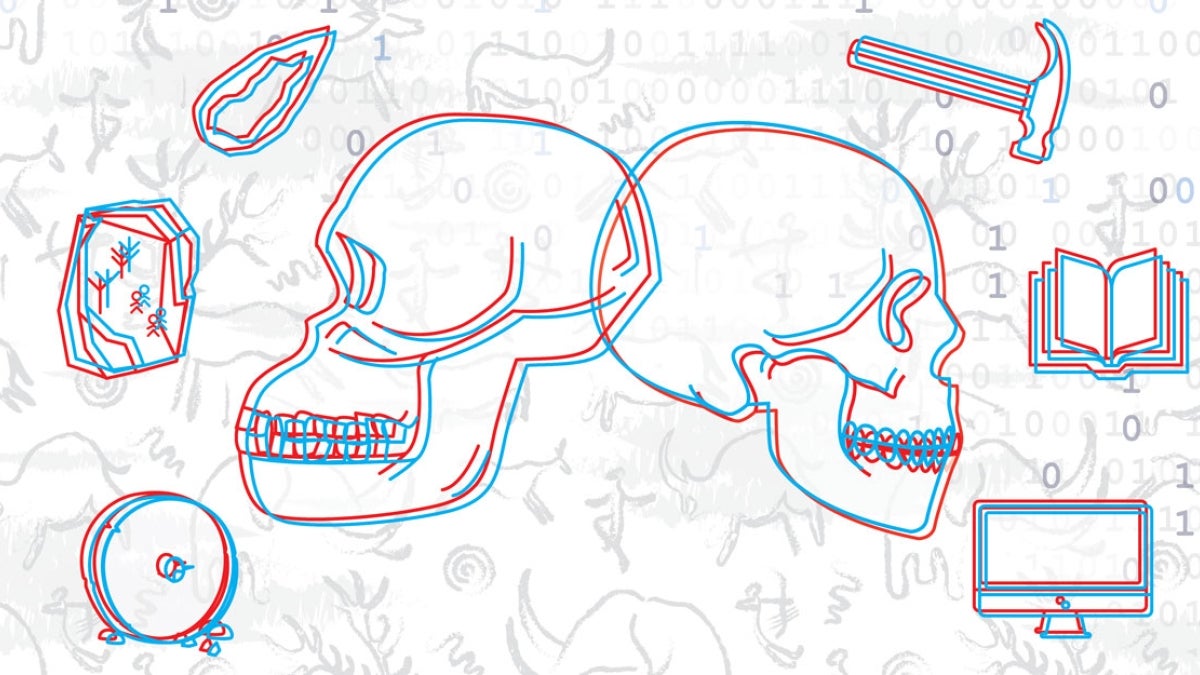 A hominid skull faces left and looks towards ancient technology while a modern-day human skull looks right towards modern technology.