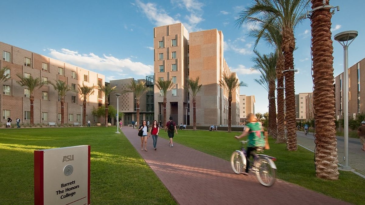 Exterior of Barrett Honors College dorms and courtyard on ASU's Tempe campus.