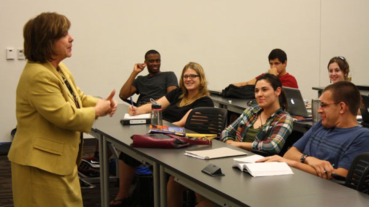 Arizona Supreme Court Chief Justice Rebecca Berch talks to criminology students