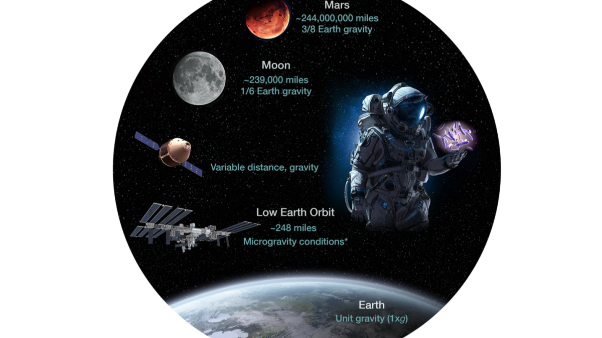 A graphic of space showing the distance of low Earth orbit (about 248 miles), the moon (239,000 miles) and Mars (244,000,000 miles)