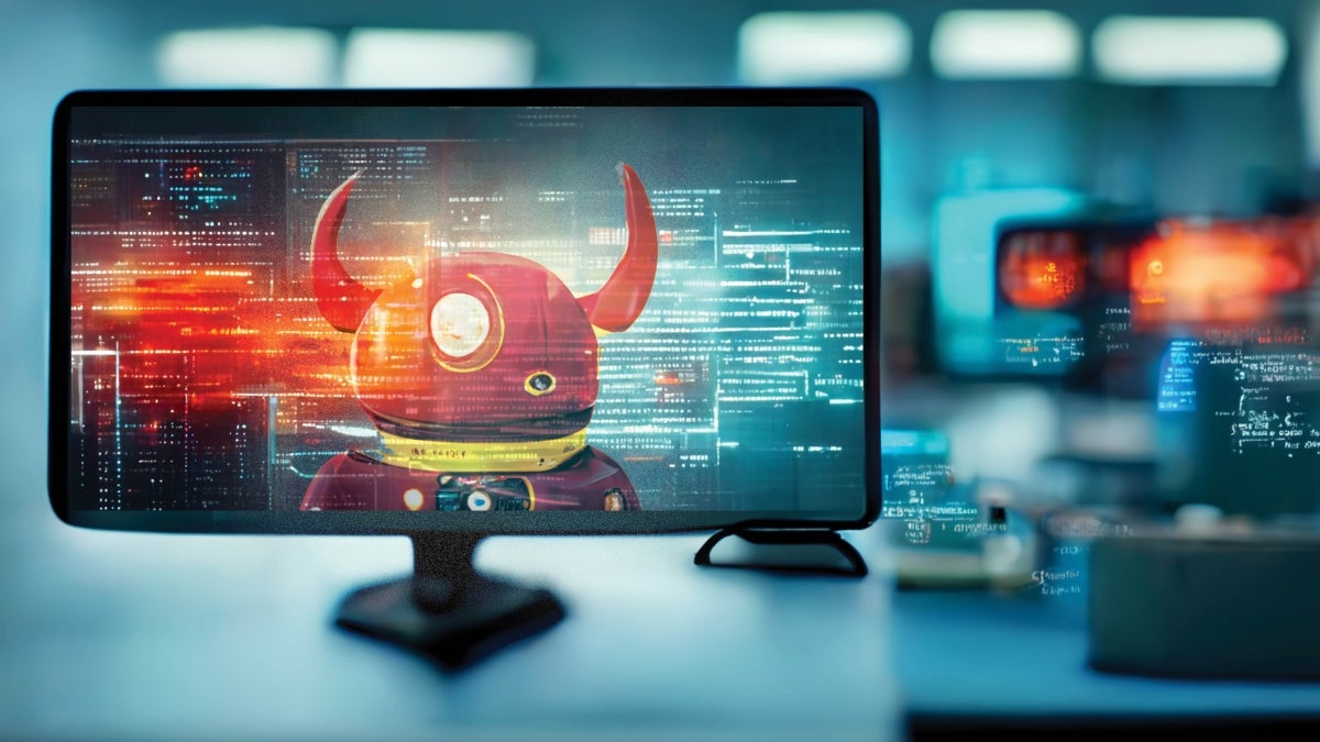 Graphic of a red robot with devil horns on a computer screen, with hazy blue-gray code overlayed on top