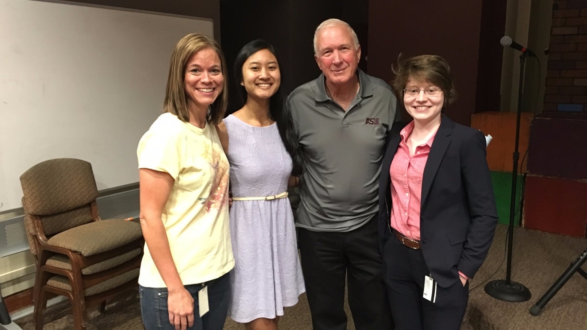 Alumnus Paul Crecelius with his two scholarship recipients Michelle Stephens and Serena Suwarno.