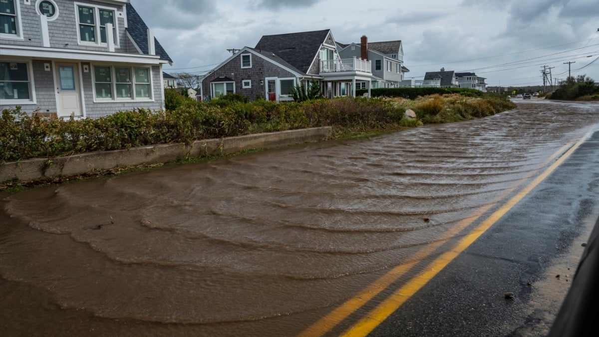 Row of houses seen from a street that is flooded.