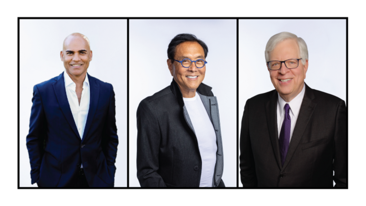 Collage of portraits of Radha Gopalan, Robert Kiyosaki and Dennis Prager, featured speakers at the Health, Wealth & Happiness event presented by the T.W. Lewis Center for Personal Development at ASU.