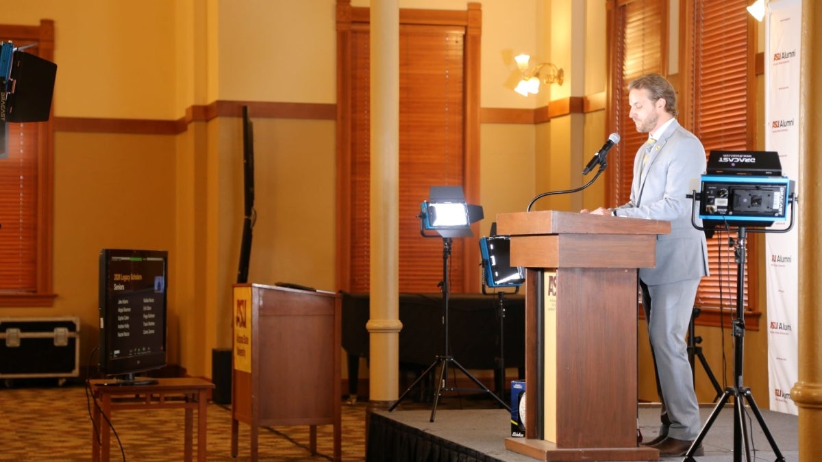 Doug Owczarczak, Director of Student Relations at the ASU Alumni Association, leading the virtual Legacy Scholarship Banquet with over 100 students and family in attendance virtually on August 27, 2020.