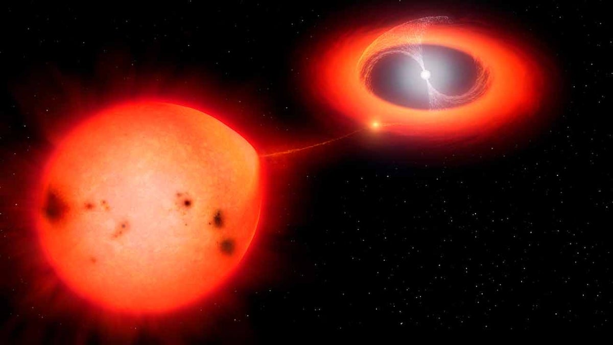 Illustration of a flow of gas from the large companion star impacting an accretion disk before flowing along magnetic field lines onto the white dwarf. 