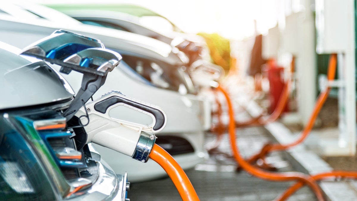 A row of electric vehicles sit parked and plugged into chargers