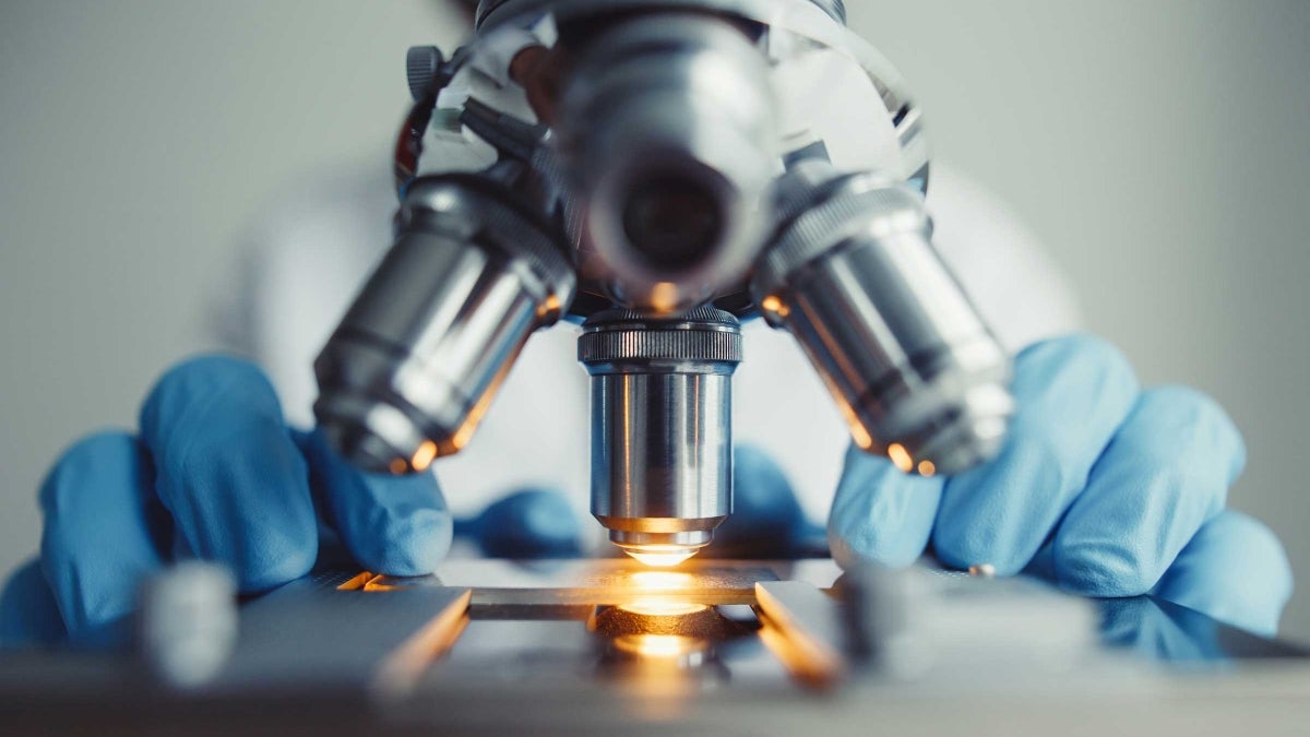 Hands of a researcher are seen on either side of a microscope