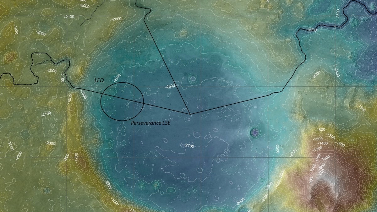 Topographic map of Mars's Jezero crater / Image from European Space Agency via Wikimedia Commons via CC 3.0