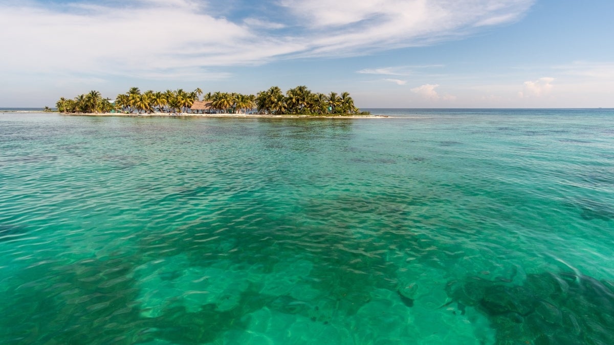 blue sea water in foreground, small island with trees in background