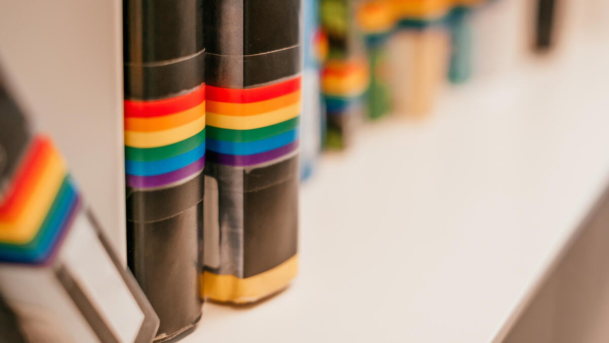 Books with rainbow sticker on spine