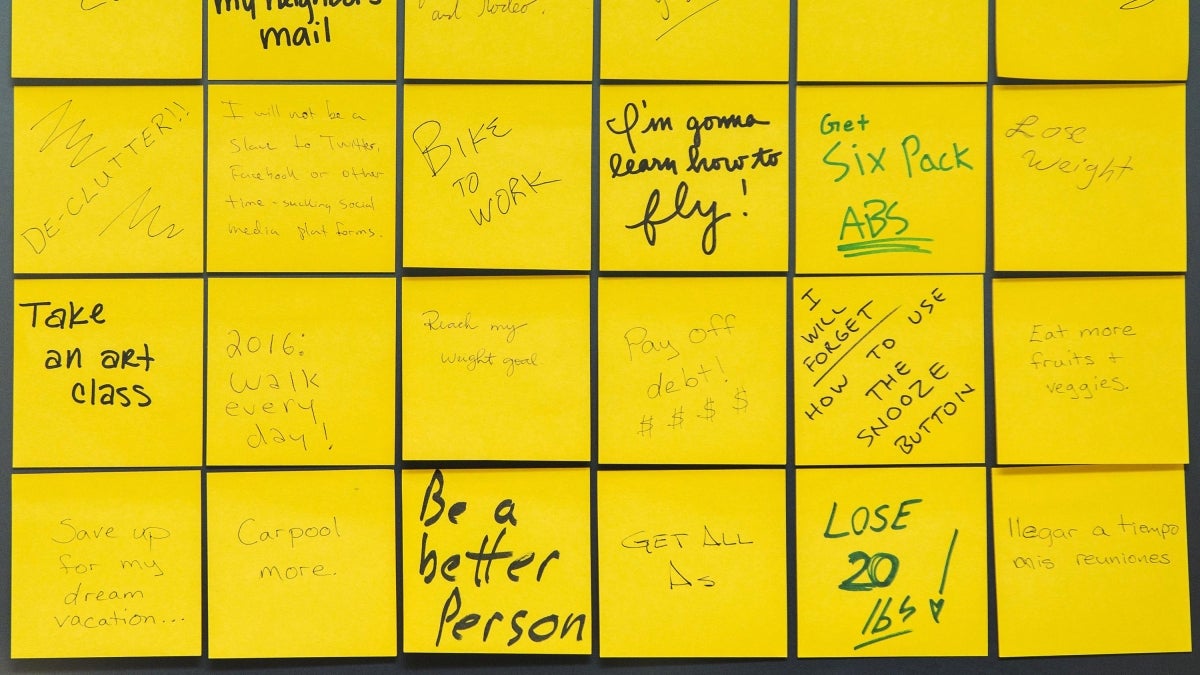 Post-It notes showing various hand-written resolutions