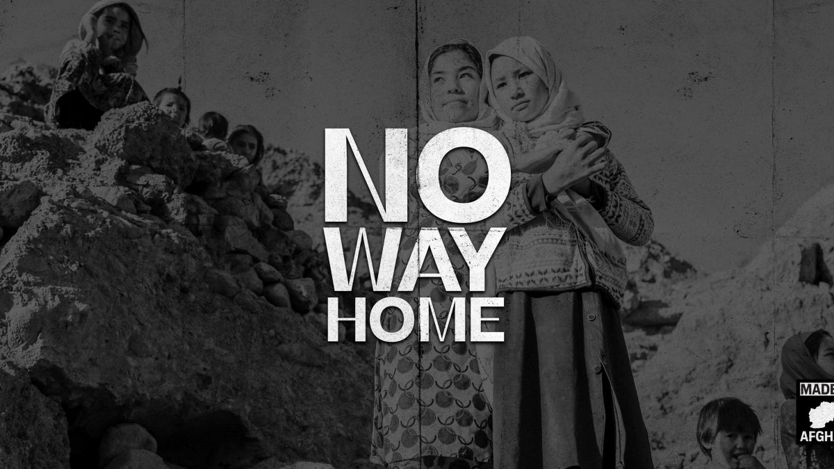 No Way Home podcast thumbnail with logo over image of group of Afghan natives near caves