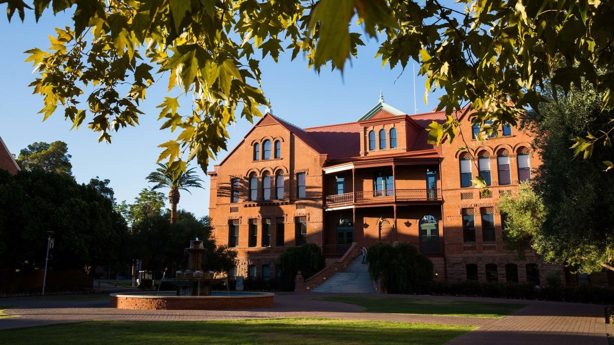 A red brick building is framed by green leaves and shadows.