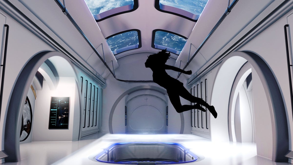 Illustration of a woman's silhouette floating in a space station.