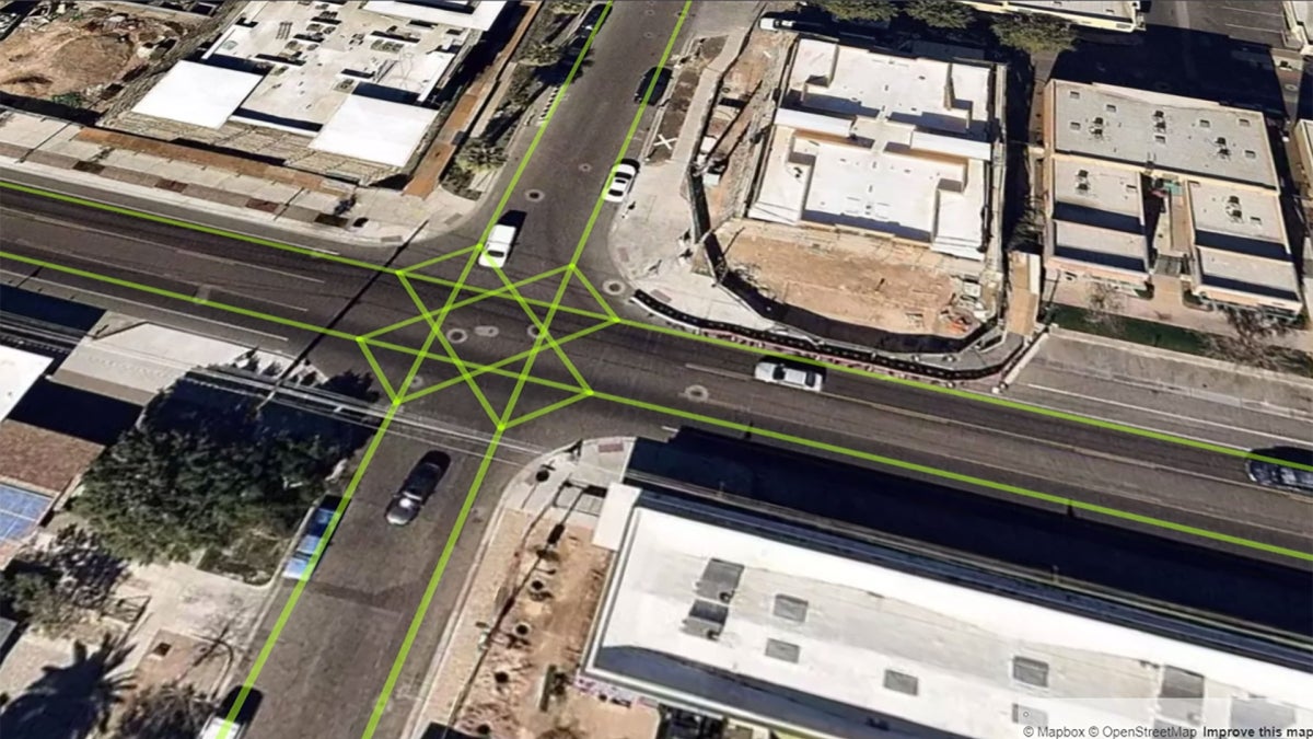 An arial image of an intersection with green gridlines overlaid on it