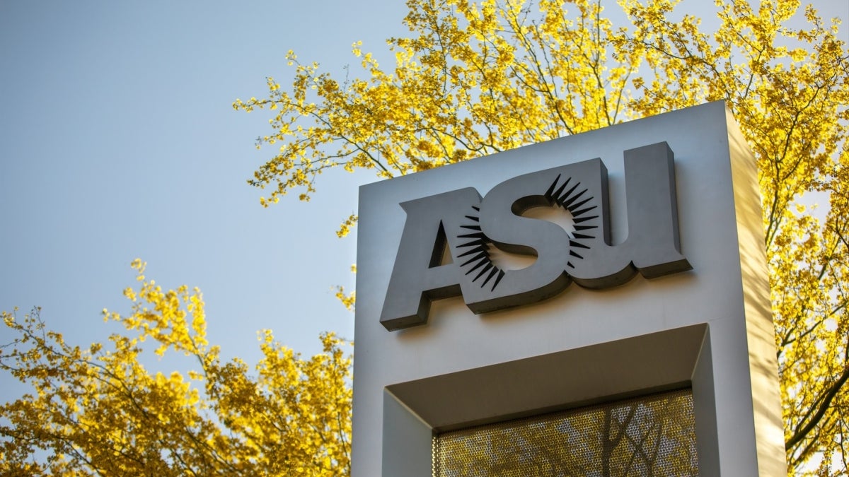 ASU sign surrounded by palo verde blooms.