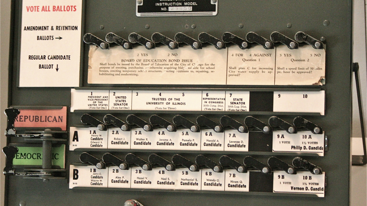 Demo version of lever style voting machine on display at the National Museum of American History