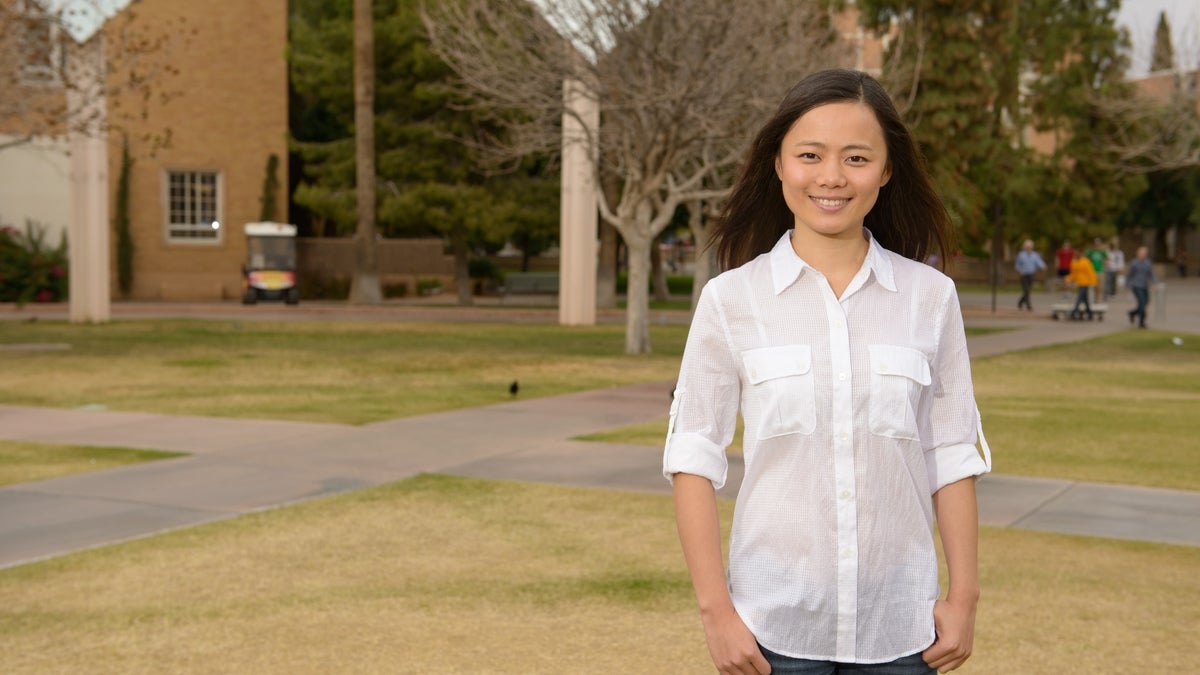 ASU student Xiaojie Li on Hayden Lawn