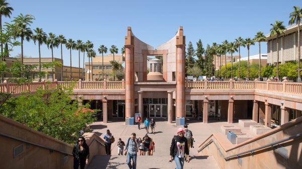 ASU students walking up stairs near Hayden Library