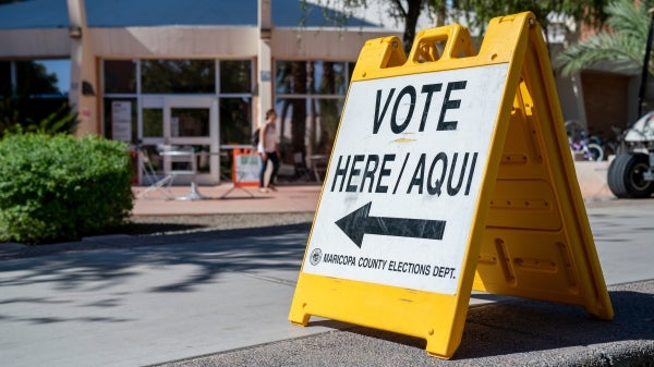 "Vote here" sign on ASU Tempe campus