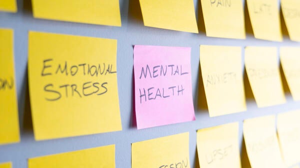 Sticky notes on a wall that say phrases like "emotional stress," "mental health", "depression"