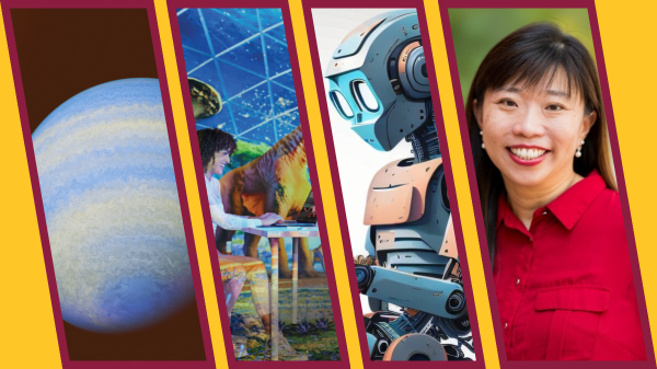 Photo of gold background with four diagonal photos with a planet, dinosaur, robot drawing and a female professor wearing red.