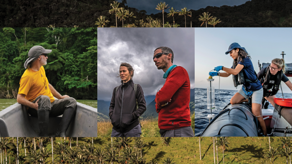 Collage of people conducting research on boats in the field