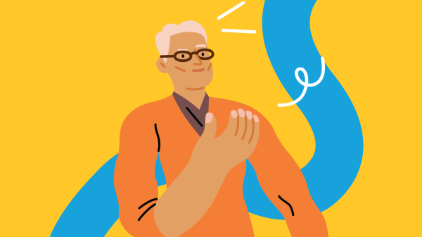 Colorful illustration of a man with white hair, black glasses and an orange shirt speaking