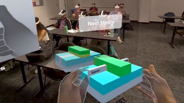 Engineering students interact with models in an immersive augmented reality environment.