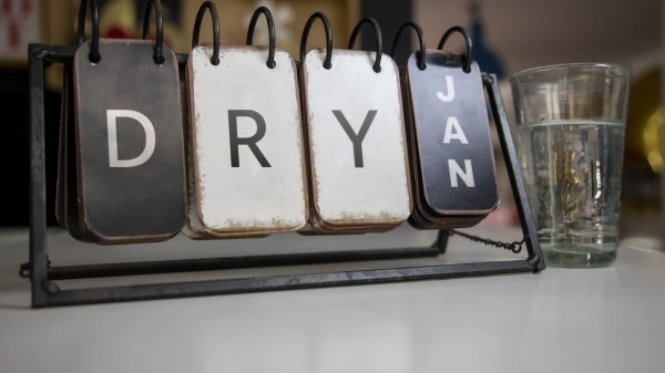 Stock photo of a flip calendar that says DRY Jan with a class of water next to it