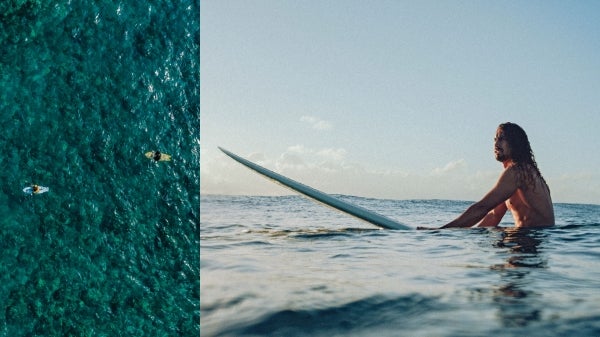 Photo collage with image looking down at surf boarders on the ocean and an image looking straight on at a surf boarder in the ocean