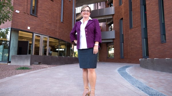 W. P. Carey School Dean Amy Hillman in front of McCord Hall