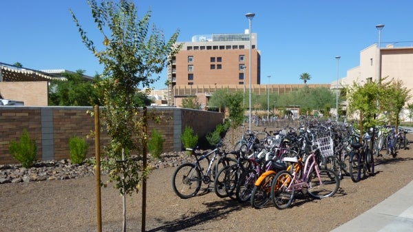 A rack filled with bicycles. 