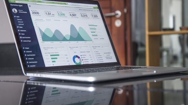 Laptop screen displaying various data-related charts and infographics.