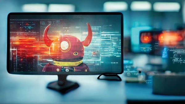 Graphic of a red robot with devil horns on a computer screen, with hazy blue-gray code overlayed on top