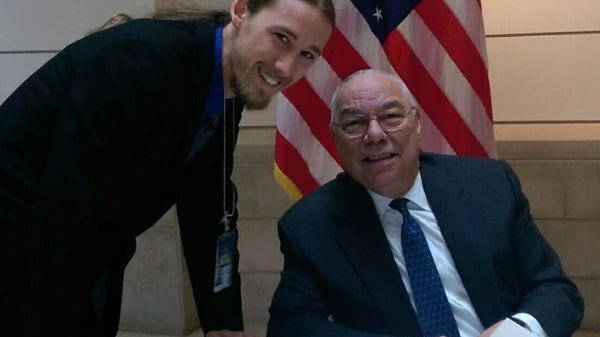 Political science major David Campbell with Colin Powell, former United States Secretary of State