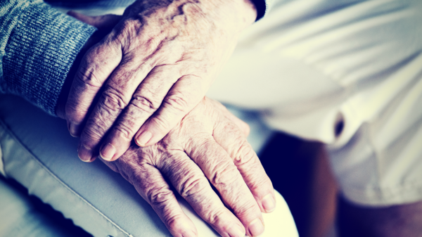 Stock Image of hands folded over knee