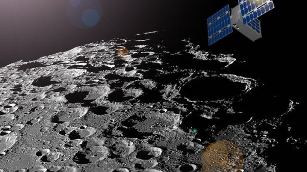 An artist's rendering of a cubesat orbiting the moon