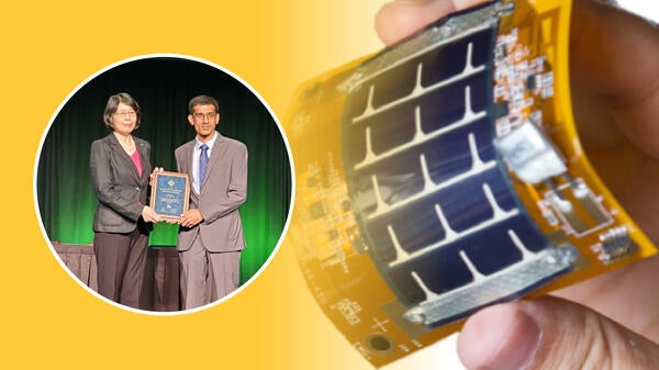 Collage of a photo of Ganapati Bhat, an ASU Fulton Schools alum, accepting his ACM/SIGDA Outstanding Dissertation Award and a computer chip prototype for his wearable medical device.