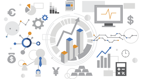 Abstract illustration of various items that have to do with economics, such as cogs and bar graphs.