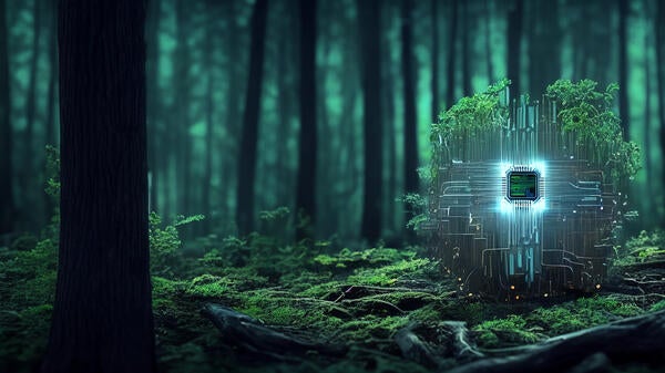 A semiconductor chip glows in a forest.