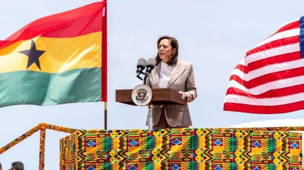 US Vice President Kamala Harris speaking in Africa behind lectern