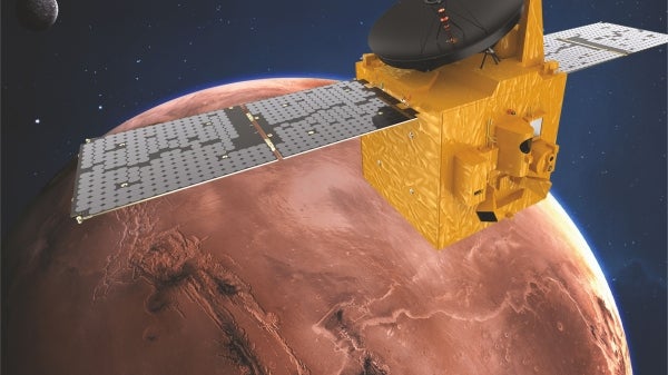 artist’s impression of the United Arab Emirates’ Hope spacecraft in orbit around Mars