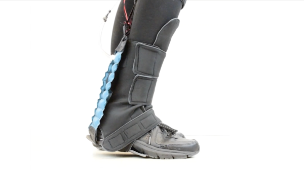 soft robotic exosuit on a lower leg and foot