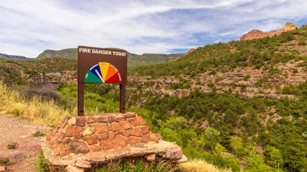 Desert landscape with a wooden sign that says, "Fire Danger Today" above a scale with different colors ranging from green to red. 